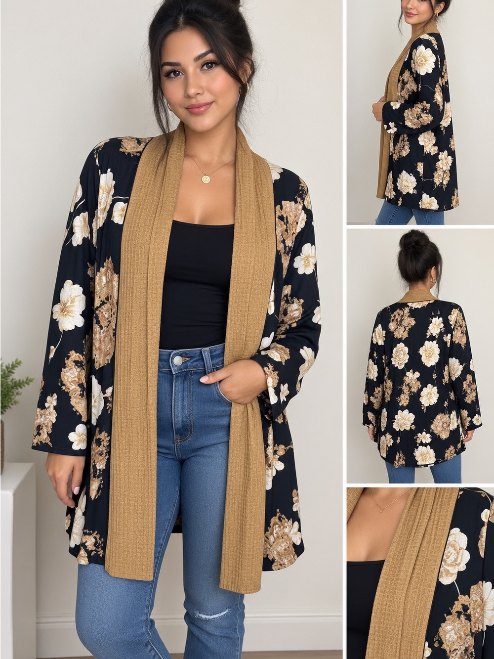 Luisa Spagnoli Black Floral Open-Front Cardigan with Camel Scarf Collar